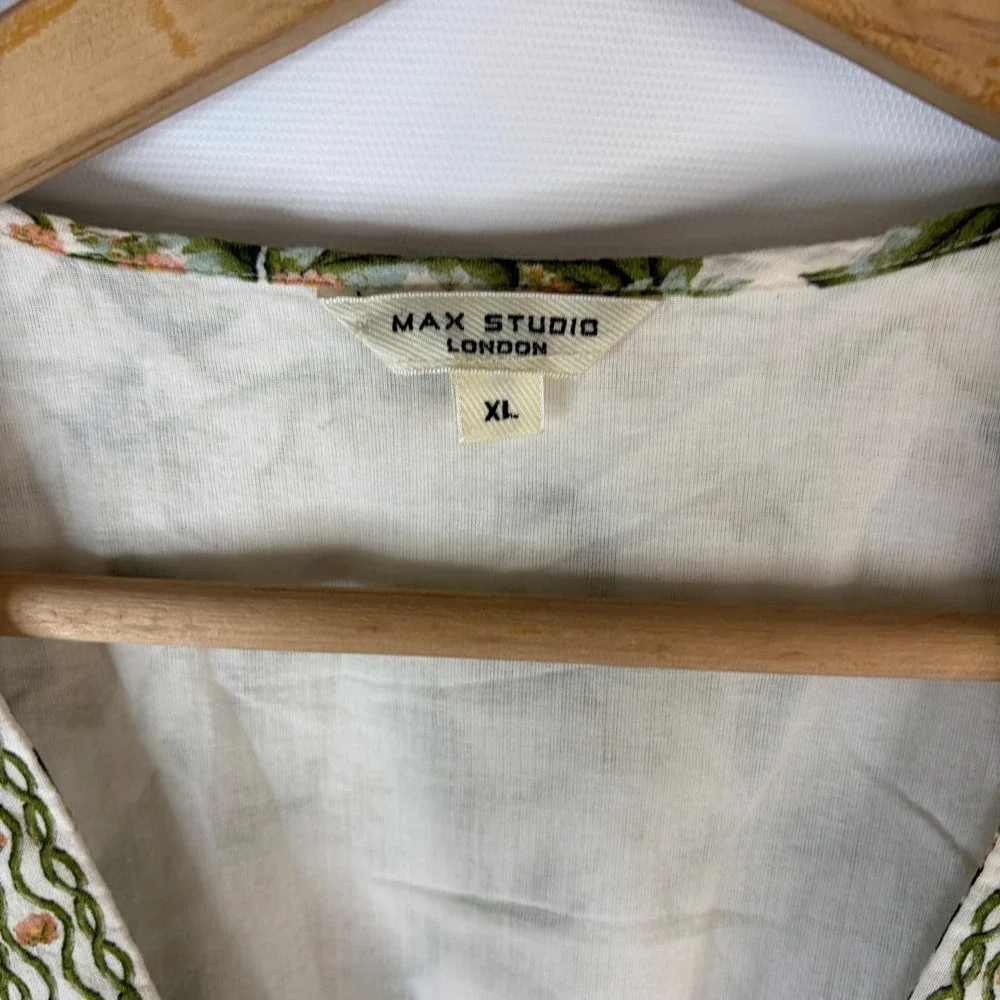 Max Studio London Maxi Dress Women XL Cream Floral V-Neck Flutter Sleeve Pockets
